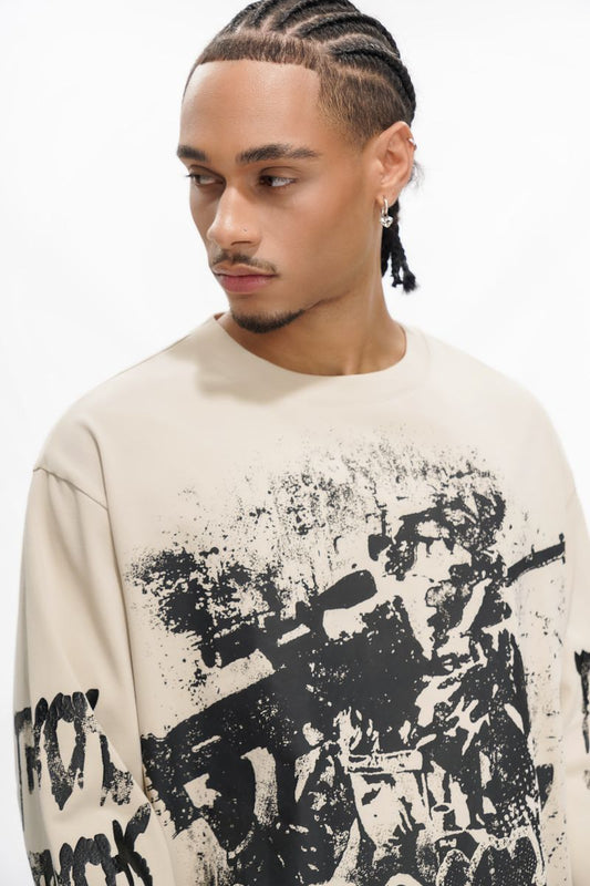 TRNCHS Operator Long Sleeve - White — TRNCHS militant-streetwear heavyweight, long-sleeve cotton tee, front view