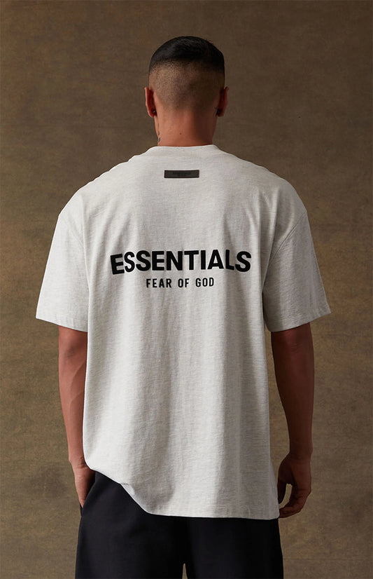 Fear of God Essentials SS22 Tee - Light Oatmeal — Jerry Lorenzo Essentials heavyweight basic, short-sleeve cotton tee, front view