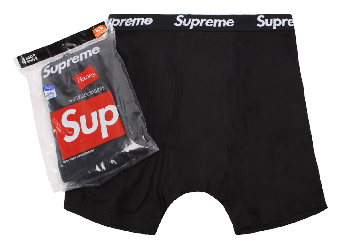 Supreme Hanes Boxer Briefs 4-Pack - Black — Supreme x Hanes American basics collab, boxer brief multipack, flat lay