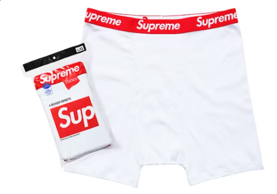 Supreme Hanes Boxer Briefs 4-Pack - White — Supreme x Hanes American basics collab, boxer brief multipack, flat lay