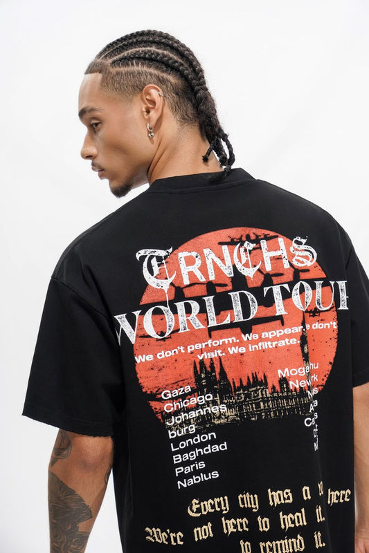 TRNCHS War Tour Tee - Black — TRNCHS militant-streetwear heavyweight, short-sleeve cotton tee, front view