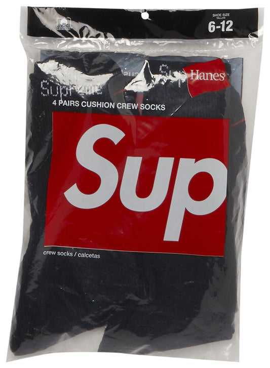 Supreme Hanes Socks 4-Pack - Black — Supreme x Hanes American basics collab, crew sock multipack, flat lay