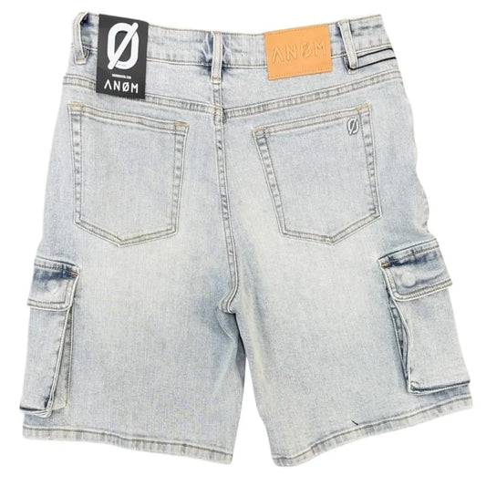 Anom Yazan Cargo Short in Ice Blue denim — front view
