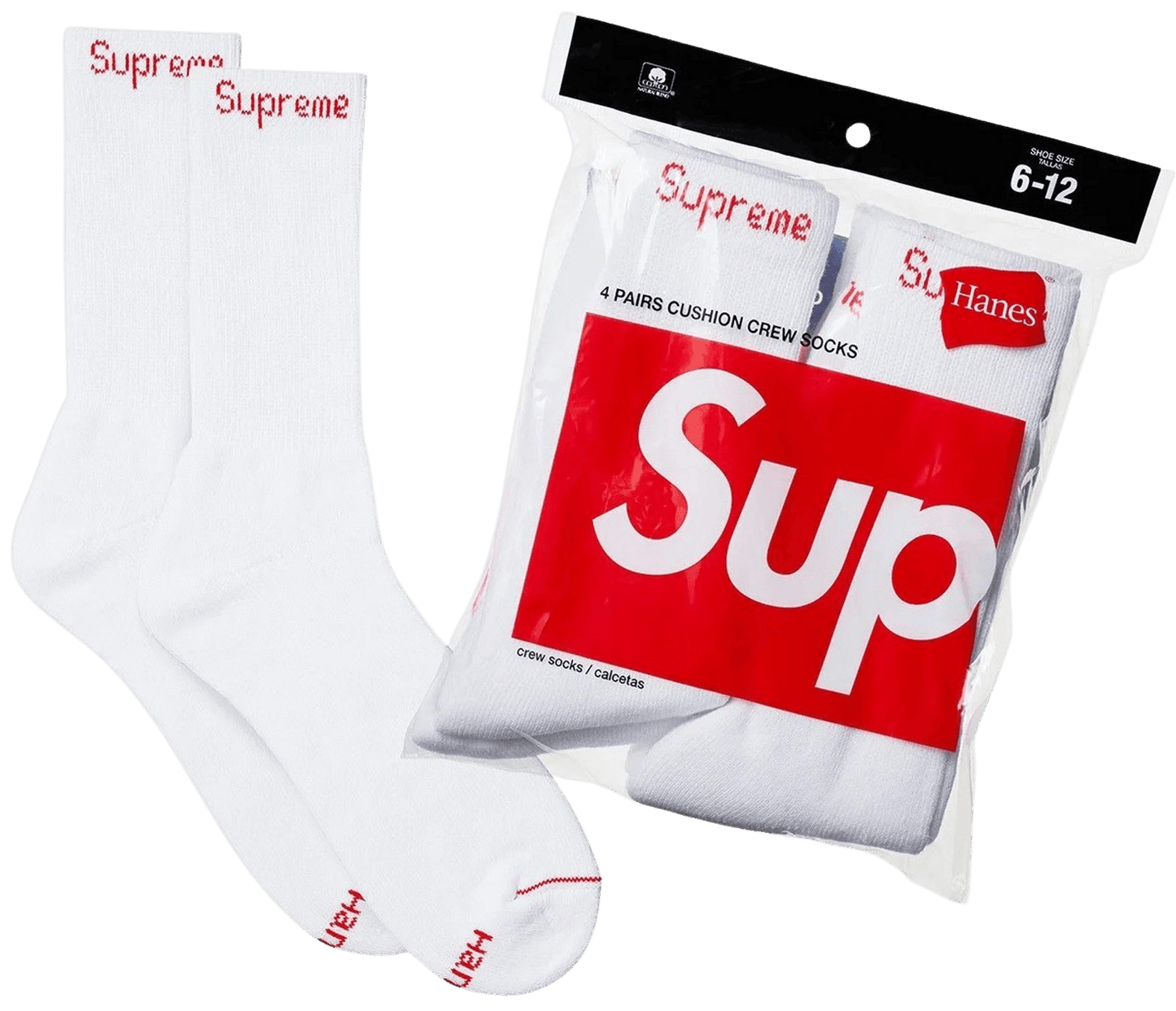Supreme Hanes Crew Socks 4-Pack - White — Supreme x Hanes American basics collab, crew sock multipack, flat lay