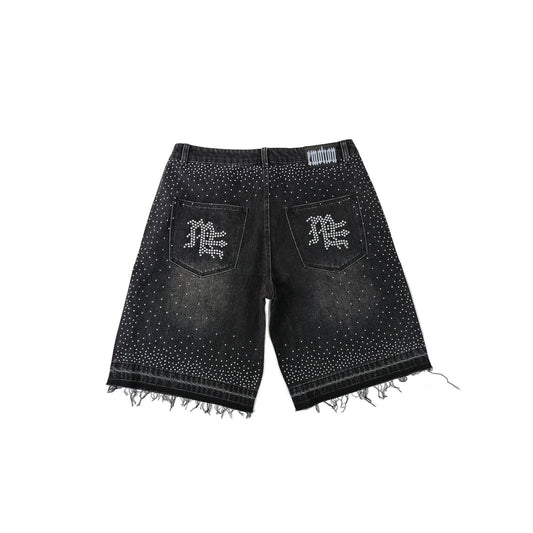 Mixed Emotion - 'ME' Rhinestone Denim Shorts - Black — front view