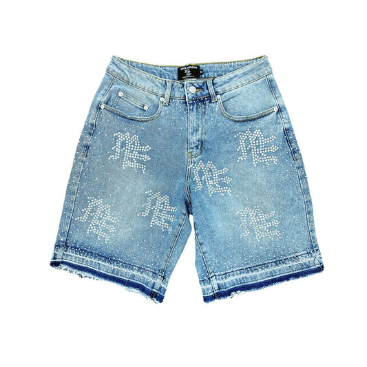 Mixed Emotion Rhinestone Denim Shorts - Blue — Mixed Emotion premium streetwear, denim shorts, front view