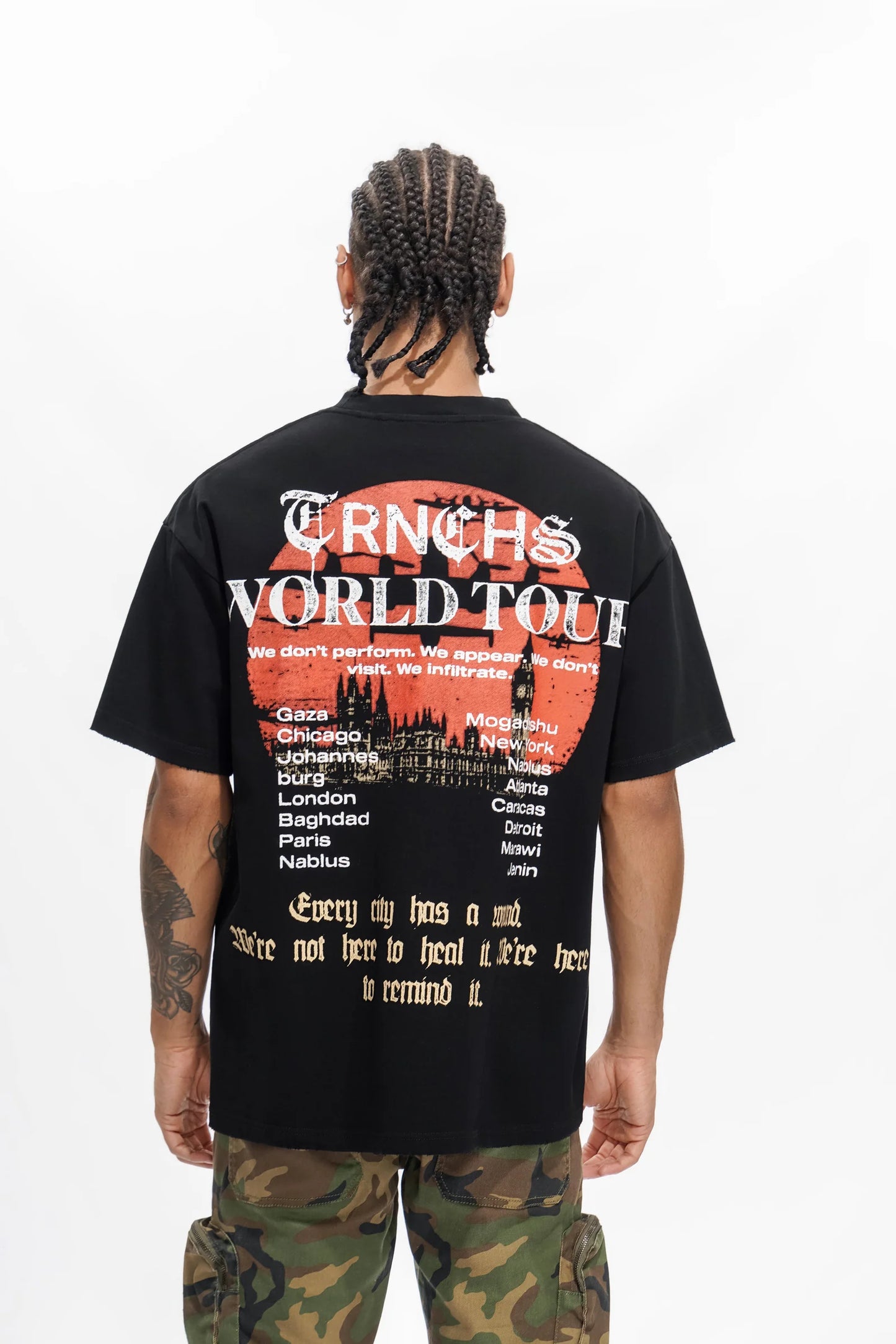TRNCHS War Tour Tee - Black — TRNCHS militant-streetwear heavyweight, short-sleeve cotton tee, front view