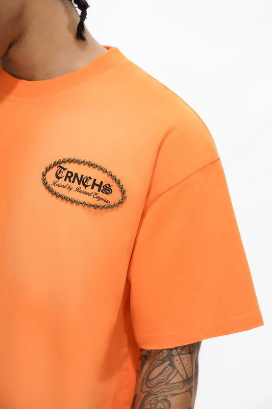 TRNCHS Post-Empire Era Tee - Orange — TRNCHS militant-streetwear heavyweight, short-sleeve cotton tee, front view