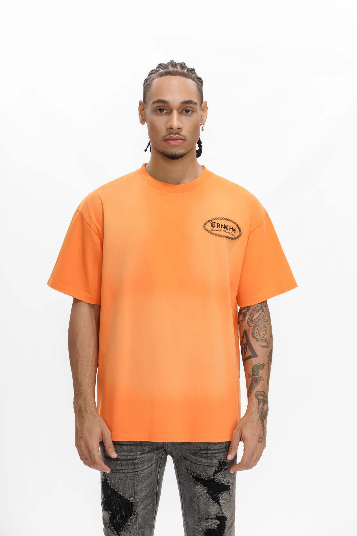 TRNCHS Post-Empire Era Tee - Orange — TRNCHS militant-streetwear heavyweight, short-sleeve cotton tee, front view