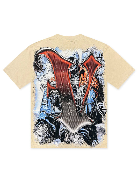 Vtilted "UNSTABLE" oversized graphic tee in Cream — a skeleton in an orange windbreaker slouched against a graffiti wall, half-drawn in chalk and ink — alive and dead at the same time
