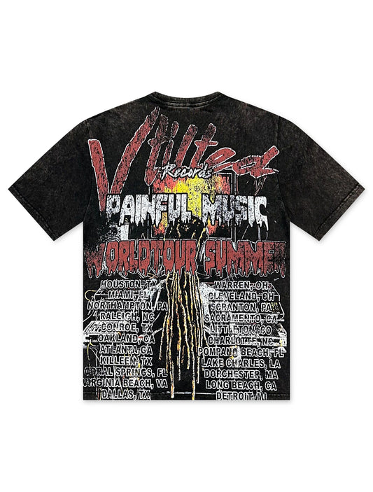 Vtilted "RECORDS" oversized graphic tee in Heavy Black Wash — a dreadlocked skeleton at a vintage mixing console under "VTILTED RECORDS" in graffiti-script — the imprint making the noise