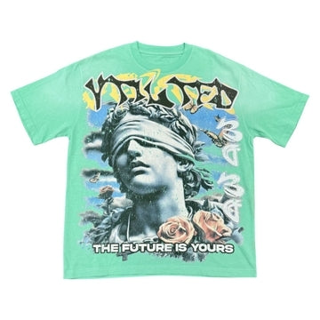 Vtilted "CHROME" oversized graphic tee in Chalky Mint — a blindfolded Statue of Liberty bust with butterflies and roses, marked "THE FUTURE IS YOURS"