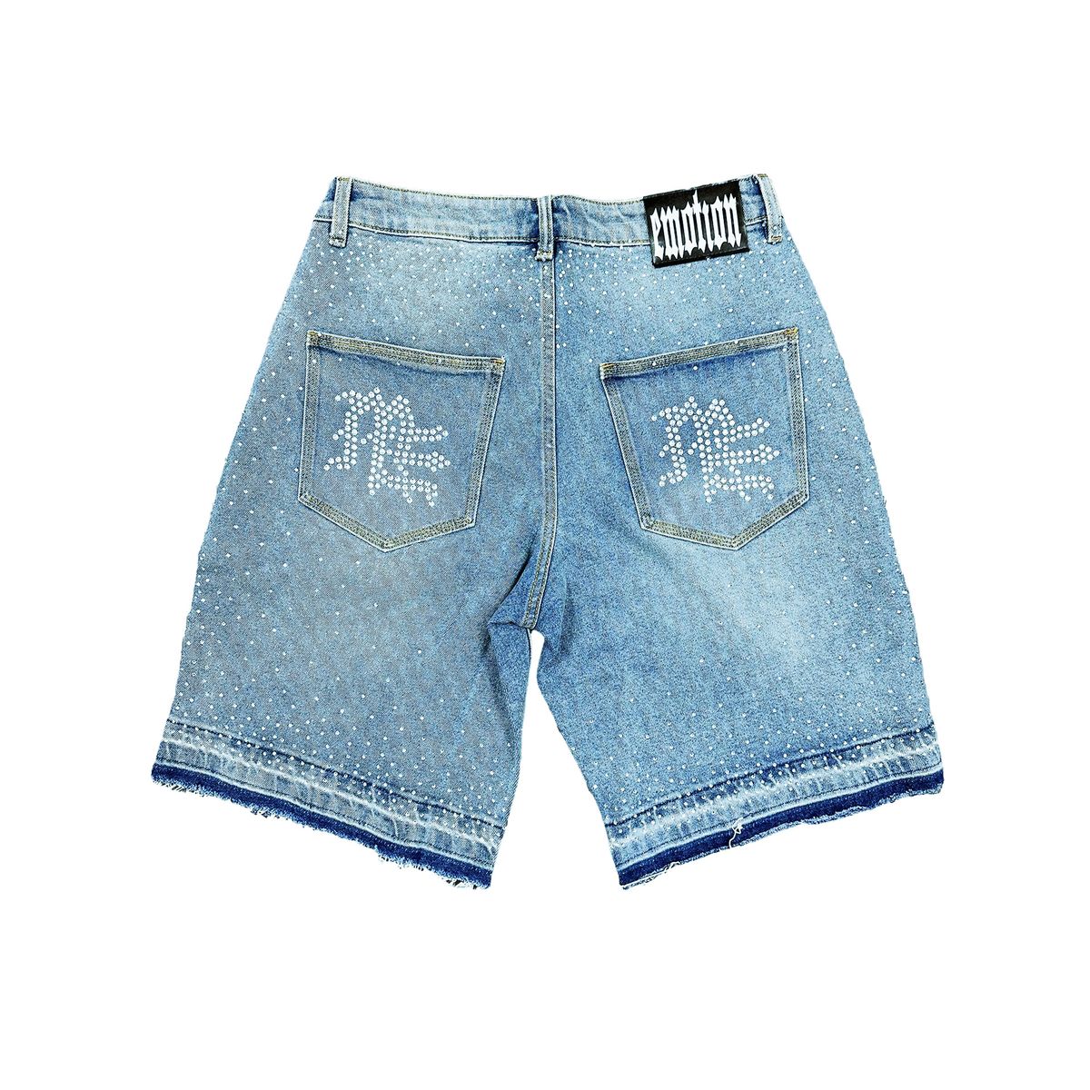 Mixed Emotion Rhinestone Denim Shorts - Blue — Mixed Emotion premium streetwear, denim shorts, front view