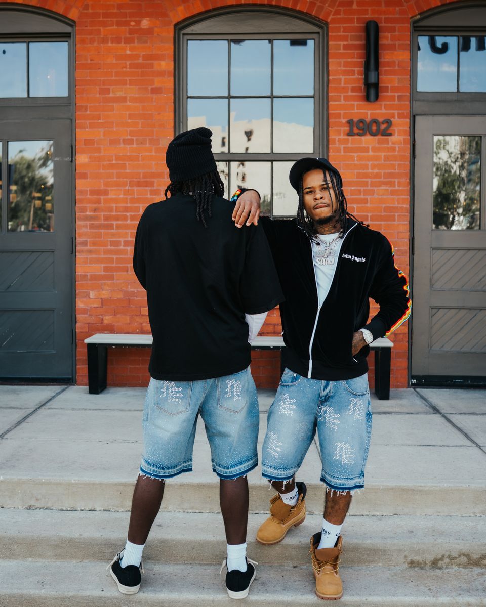 Mixed Emotion Rhinestone Denim Shorts - Blue — Mixed Emotion premium streetwear, denim shorts, front view