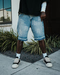 Mixed Emotion Rhinestone Denim Shorts - Blue — Mixed Emotion premium streetwear, denim shorts, front view