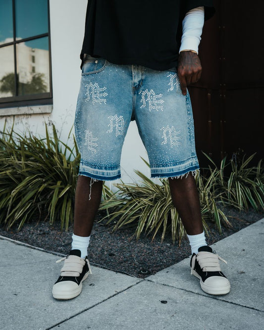 Mixed Emotion Rhinestone Denim Shorts - Blue — Mixed Emotion premium streetwear, denim shorts, front view