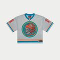 Godspeed First Down Jersey Grey/Blue/Orange NYC - light grey mesh football jersey with teal and orange stripes, flame-helmet skull crest