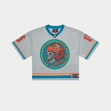 Godspeed First Down Jersey Grey/Blue/Orange NYC - light grey mesh football jersey with teal and orange stripes, flame-helmet skull crest