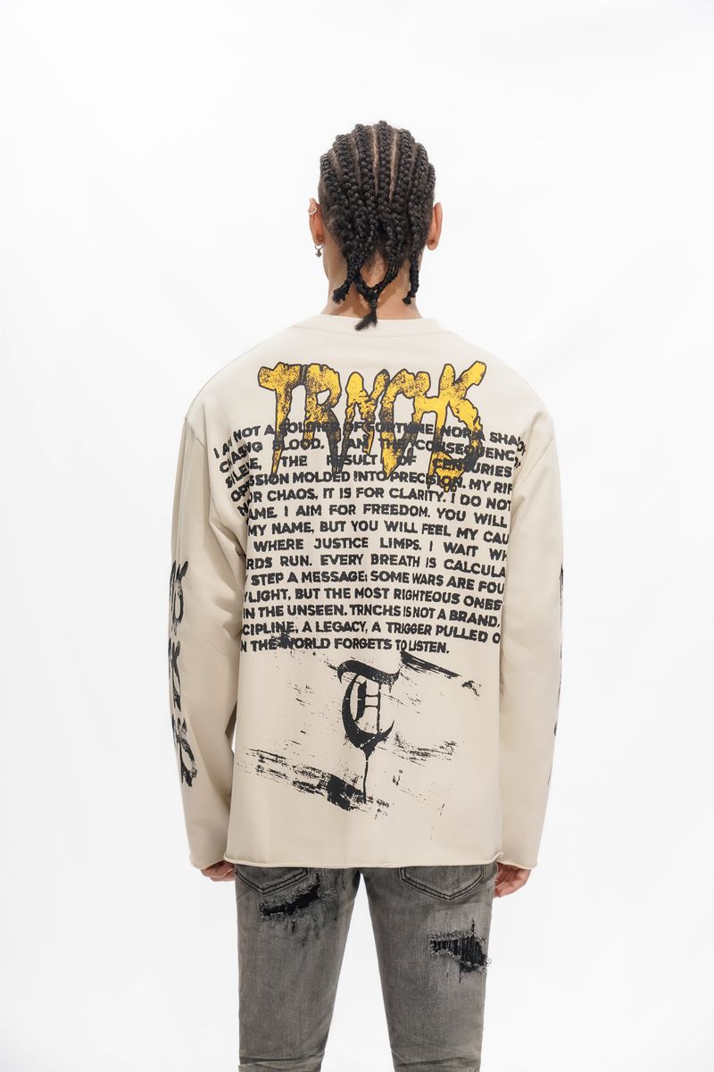 TRNCHS Operator Long Sleeve - White — TRNCHS militant-streetwear heavyweight, long-sleeve cotton tee, front view