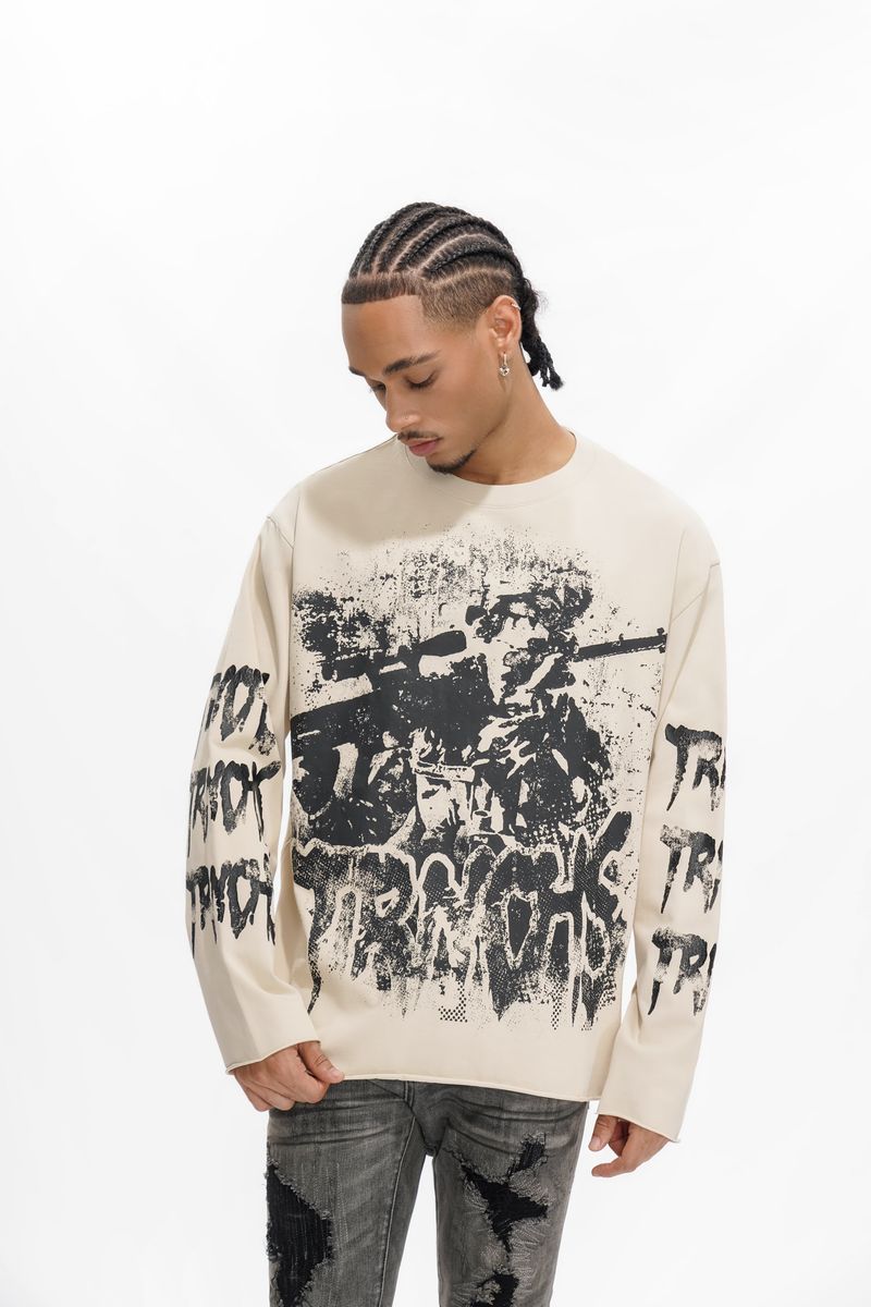 TRNCHS Operator Long Sleeve - White — TRNCHS militant-streetwear heavyweight, long-sleeve cotton tee, front view