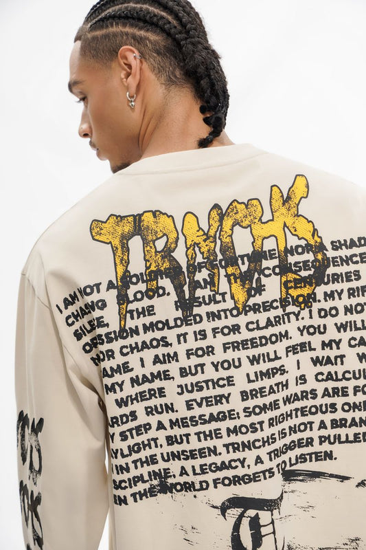 TRNCHS Operator Long Sleeve - White — TRNCHS militant-streetwear heavyweight, long-sleeve cotton tee, front view