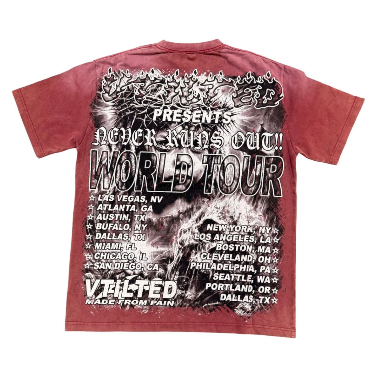 Vtilted "DAMAGE" oversized graphic tee in Berry — a brooding crowned woman's portrait against a torn-paper background, with "WORLDWIDE" and "MADE FROM PAIN" in heavy