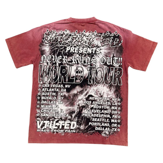 Vtilted "DAMAGE" oversized graphic tee in Berry — a brooding crowned woman's portrait against a torn-paper background, with "WORLDWIDE" and "MADE FROM PAIN" in heavy