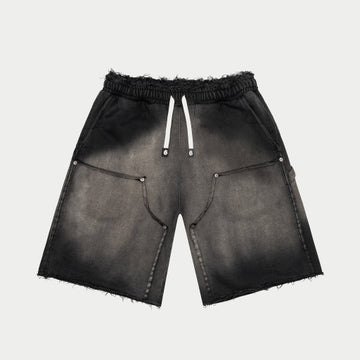 Godspeed Carpenter Distressed Shorts in Black Sun Fade - heavy sun-faded French terry shorts with frayed hems and drawstring waist