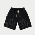 Godspeed Carpenter Distressed Shorts in Black - 450 GSM French terry with frayed raw hems, drawstring waist, embroidered tonal gothic GS panels