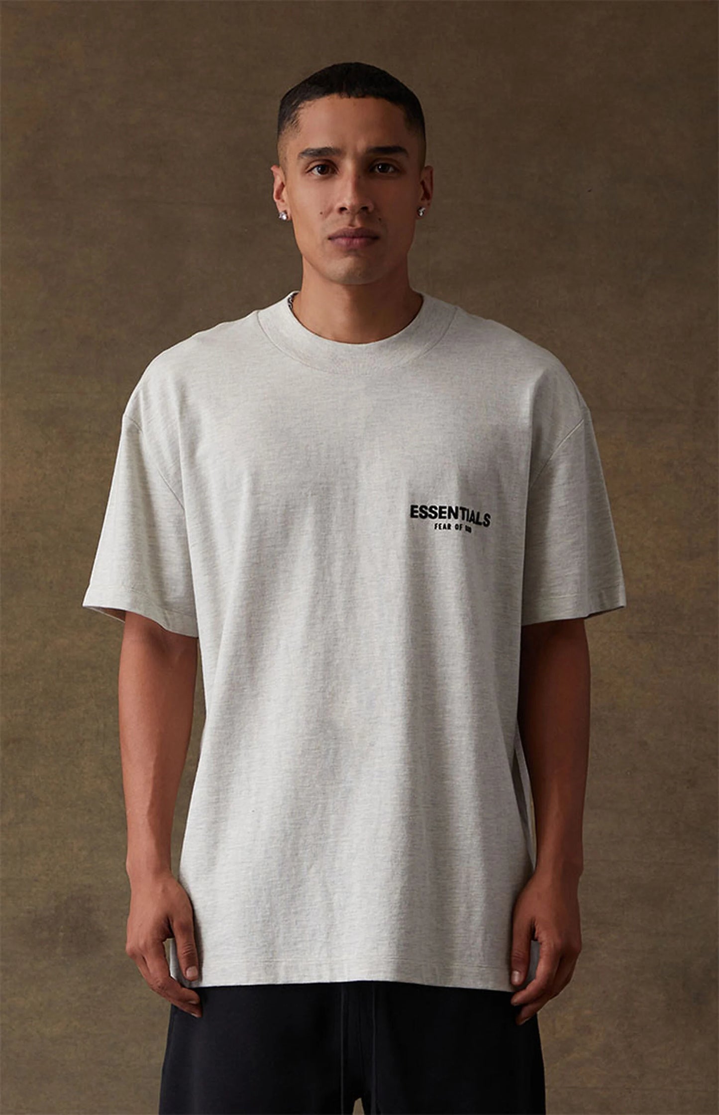 Fear of God Essentials SS22 Tee - Light Oatmeal — Jerry Lorenzo Essentials heavyweight basic, short-sleeve cotton tee, front view