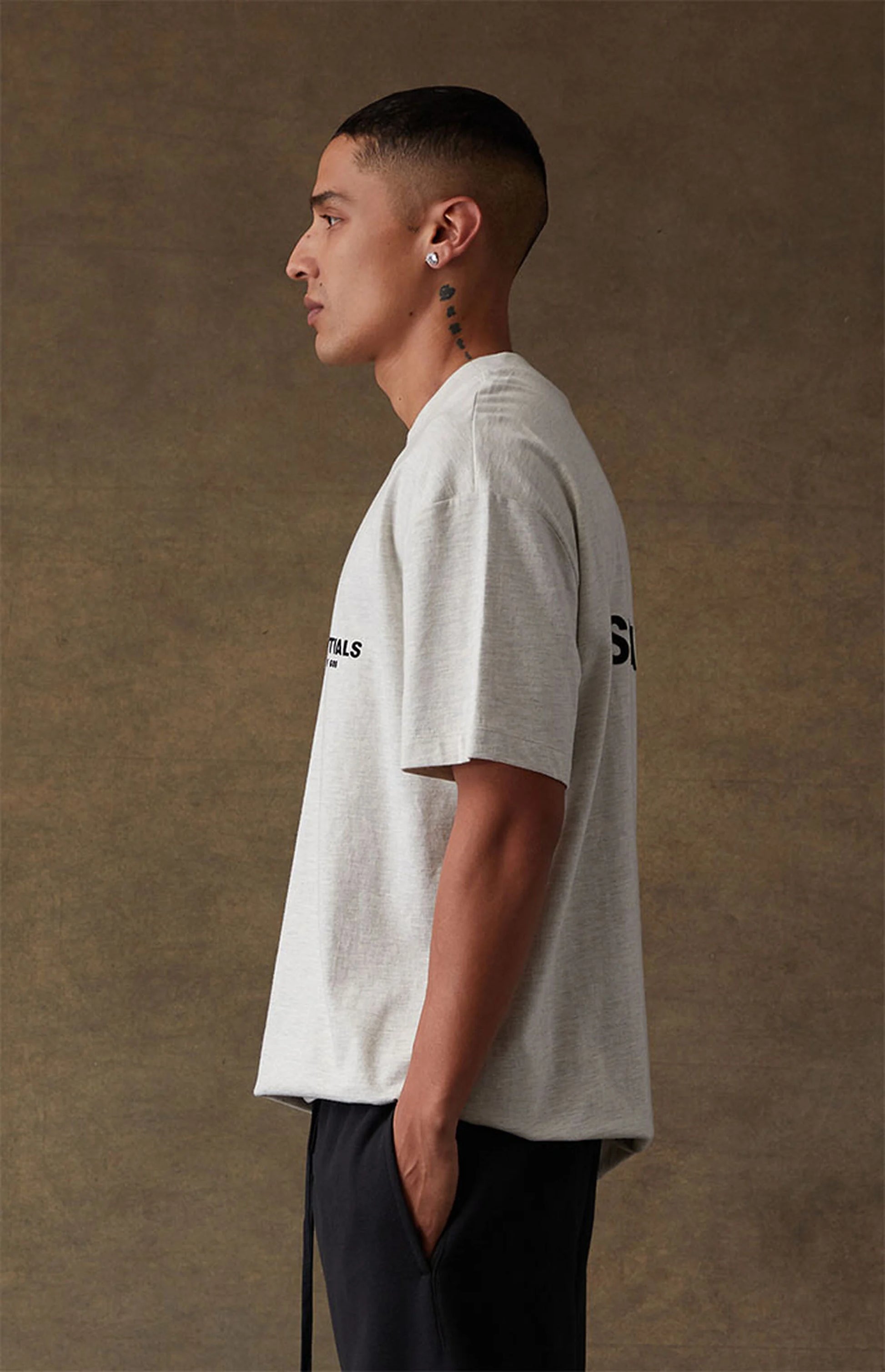 Fear of God Essentials SS22 Tee - Light Oatmeal — Jerry Lorenzo Essentials heavyweight basic, short-sleeve cotton tee, front view