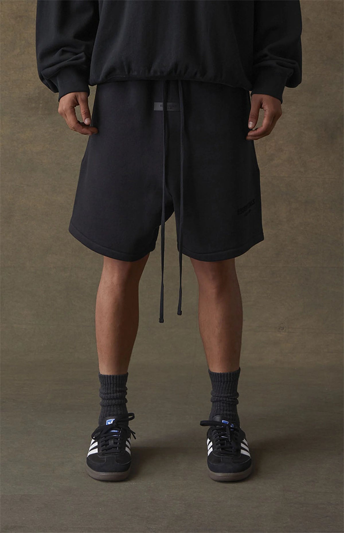 Fear of God Essentials SS22 Sweatshorts - Stretch Limo — Jerry Lorenzo Essentials heavyweight basic, fleece sweatshort, front view