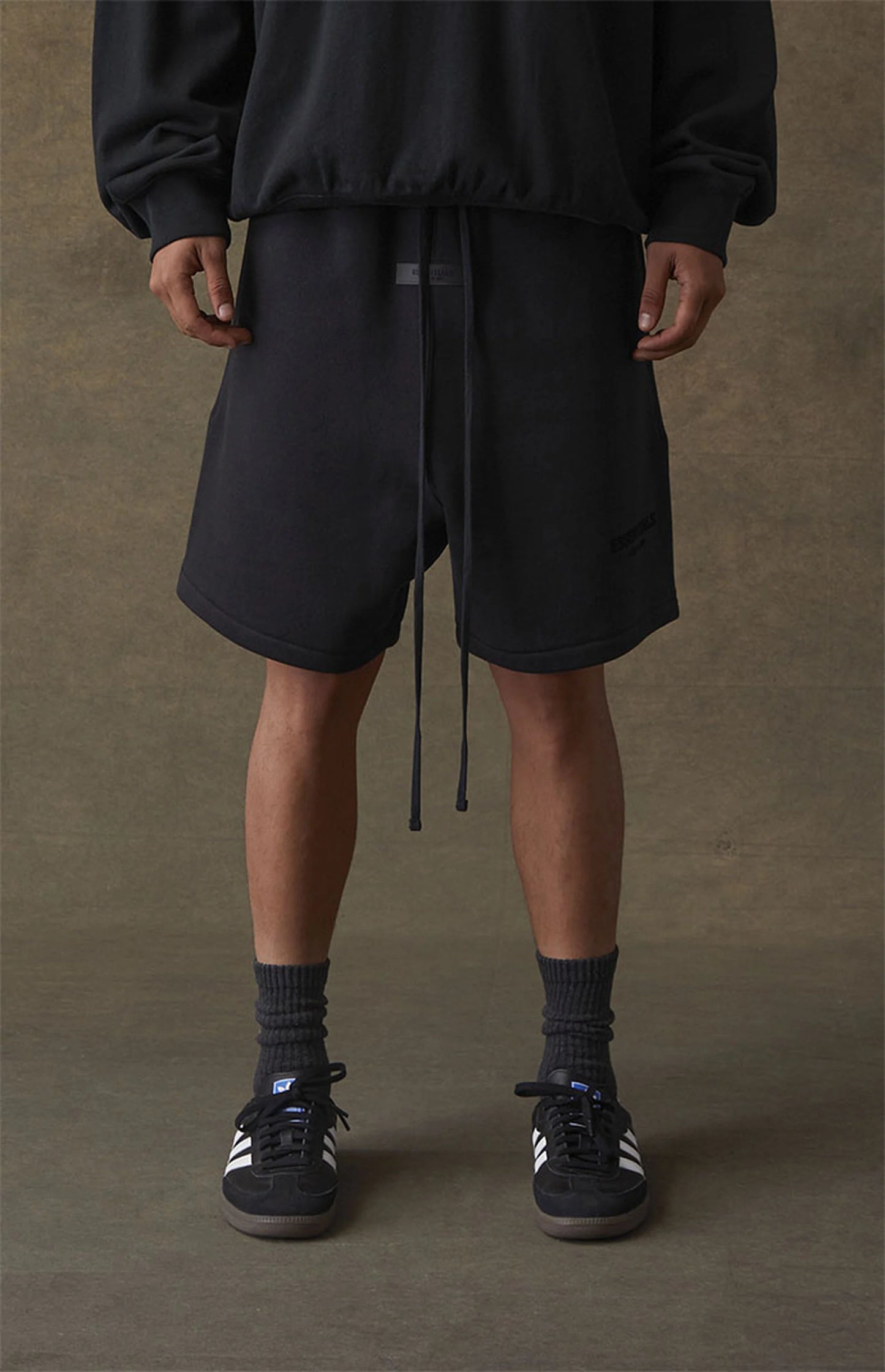 Fear of God Essentials SS22 Sweatshorts - Stretch Limo — Jerry Lorenzo Essentials heavyweight basic, fleece sweatshort, front view