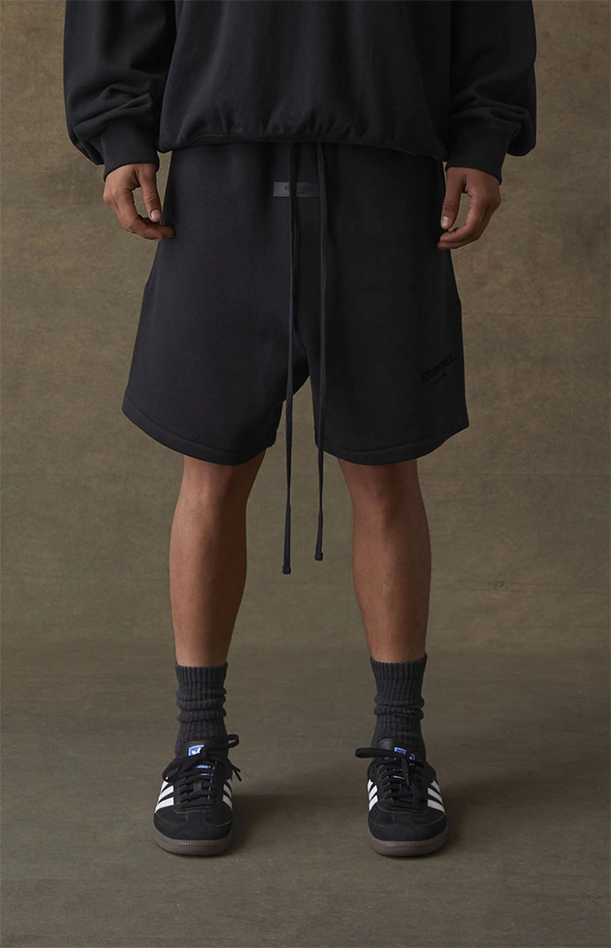 Fear of God Essentials SS22 Sweatshorts - Stretch Limo — Jerry Lorenzo Essentials heavyweight basic, fleece sweatshort, front view
