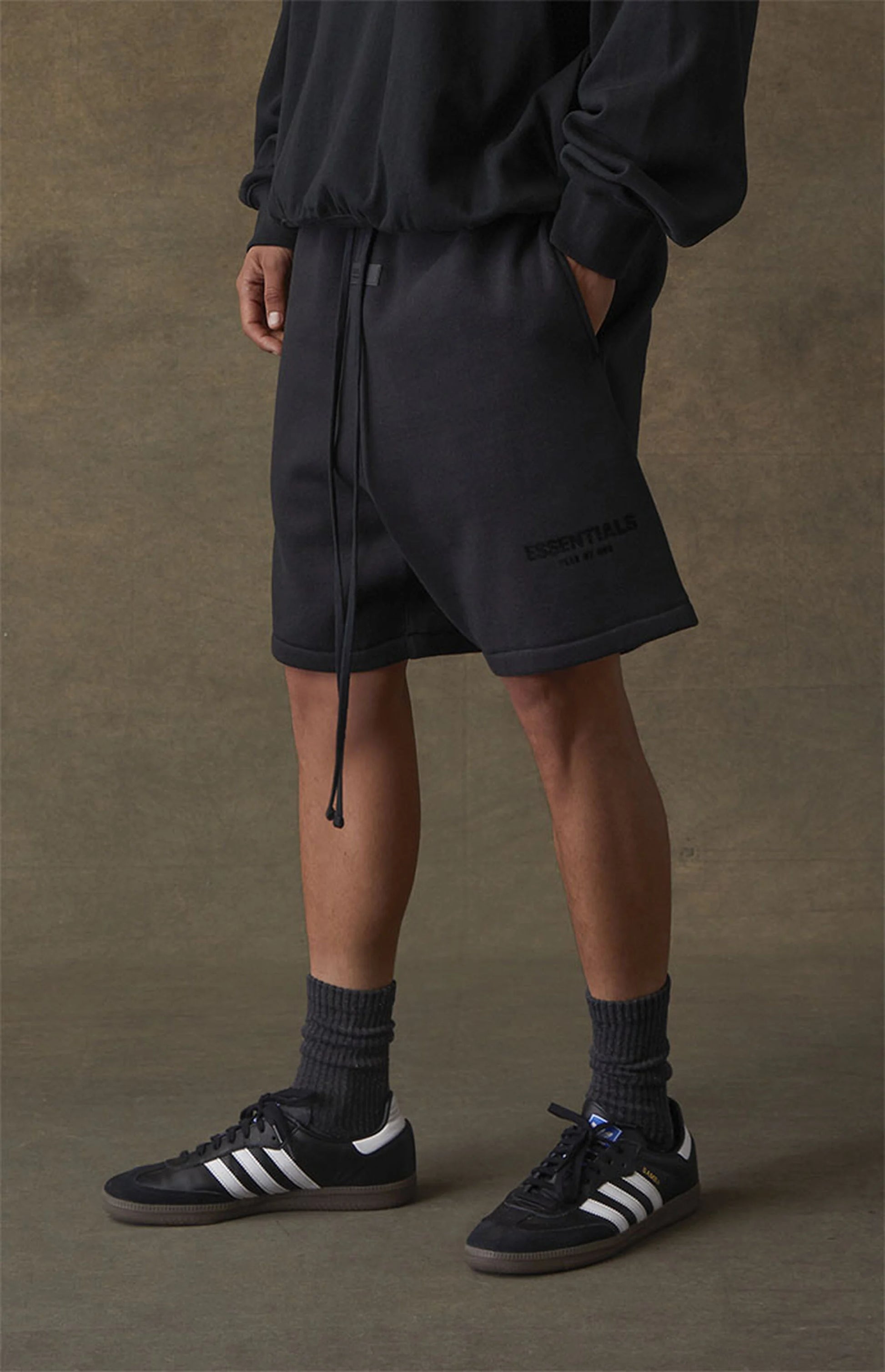 Fear of God Essentials SS22 Sweatshorts - Stretch Limo — Jerry Lorenzo Essentials heavyweight basic, fleece sweatshort, front view