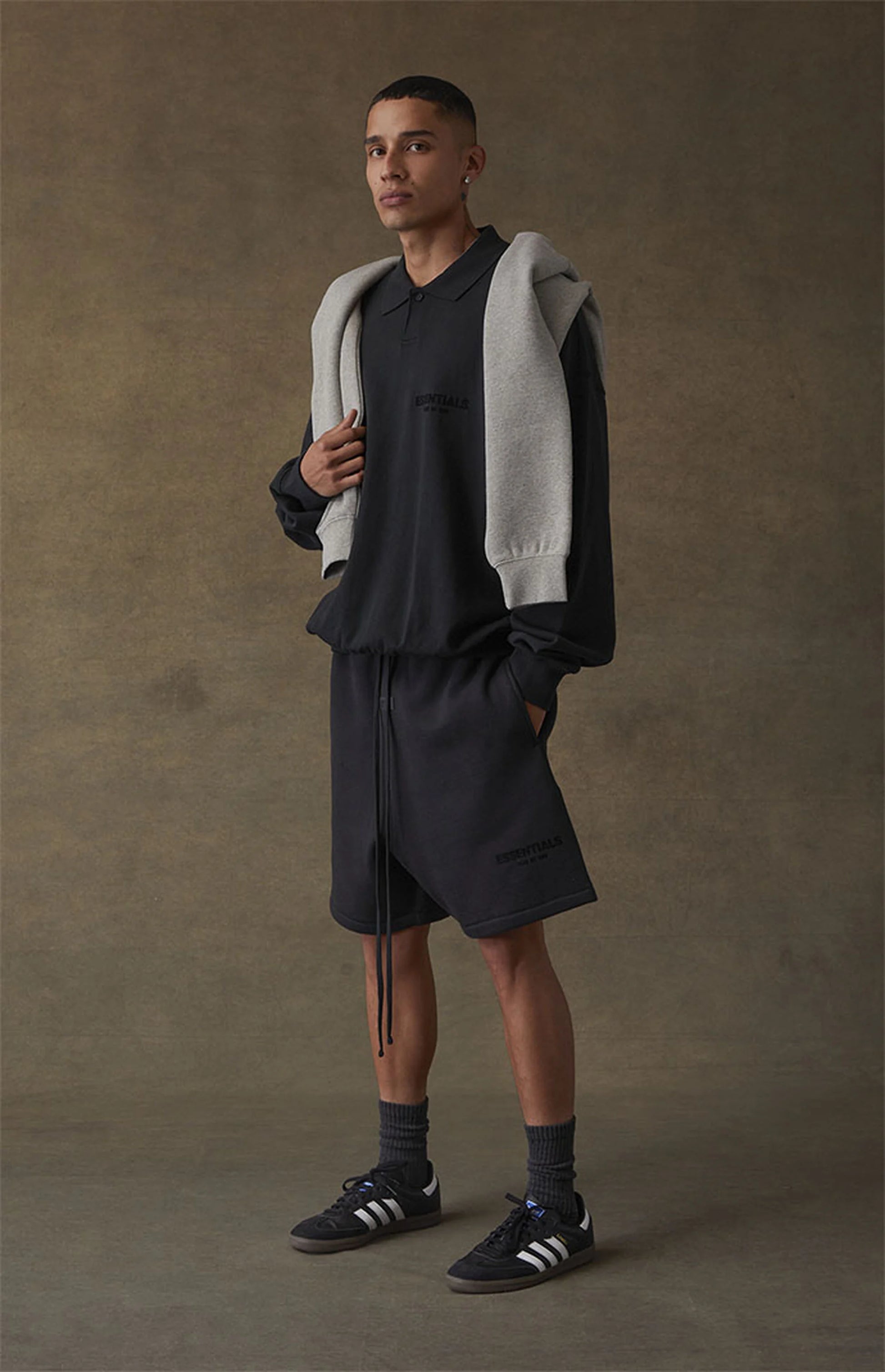 Fear of God Essentials SS22 Sweatshorts - Stretch Limo — Jerry Lorenzo Essentials heavyweight basic, fleece sweatshort, front view