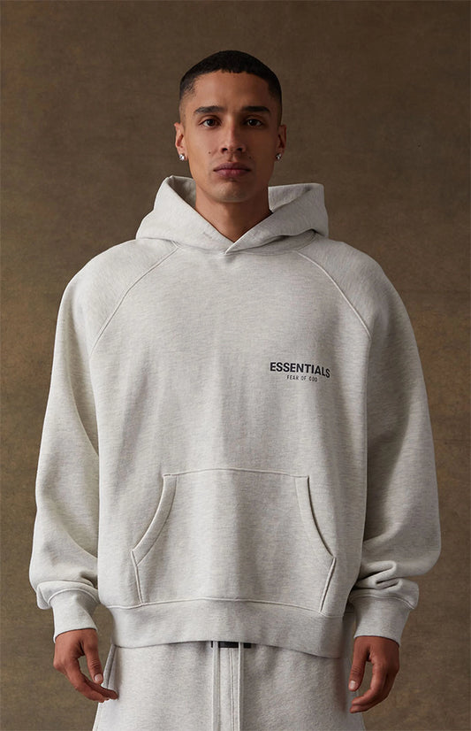 Fear of God Essentials SS22 Hoodie - Light Oatmeal — Jerry Lorenzo Essentials heavyweight basic, pullover hoodie, front view
