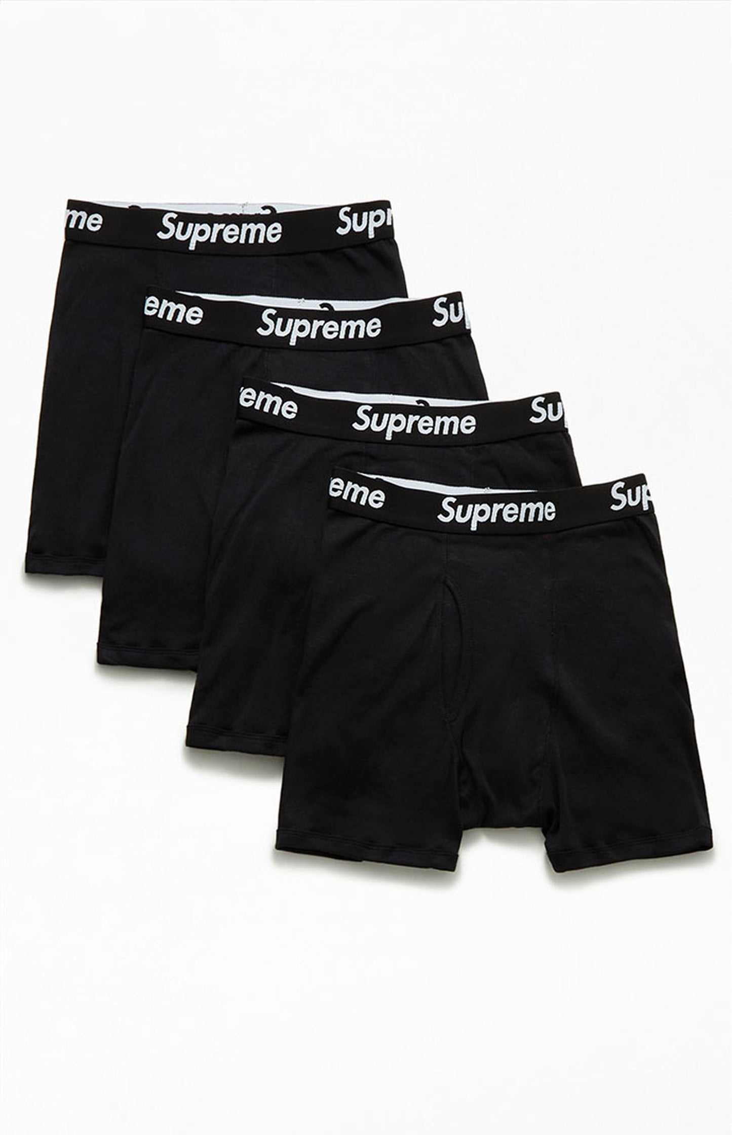 Supreme Hanes Boxer Briefs 4-Pack - Black — Supreme x Hanes American basics collab, boxer brief multipack, flat lay