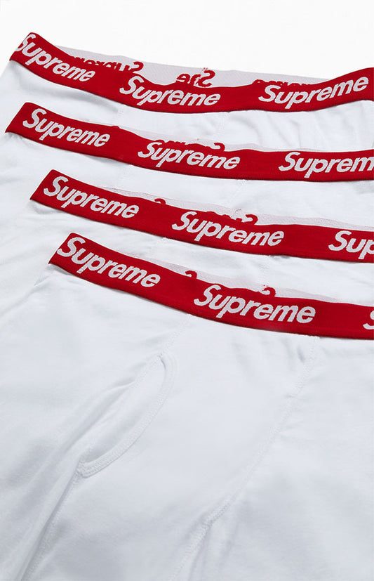 Supreme Hanes Boxer Briefs 4-Pack - White — Supreme x Hanes American basics collab, boxer brief multipack, flat lay