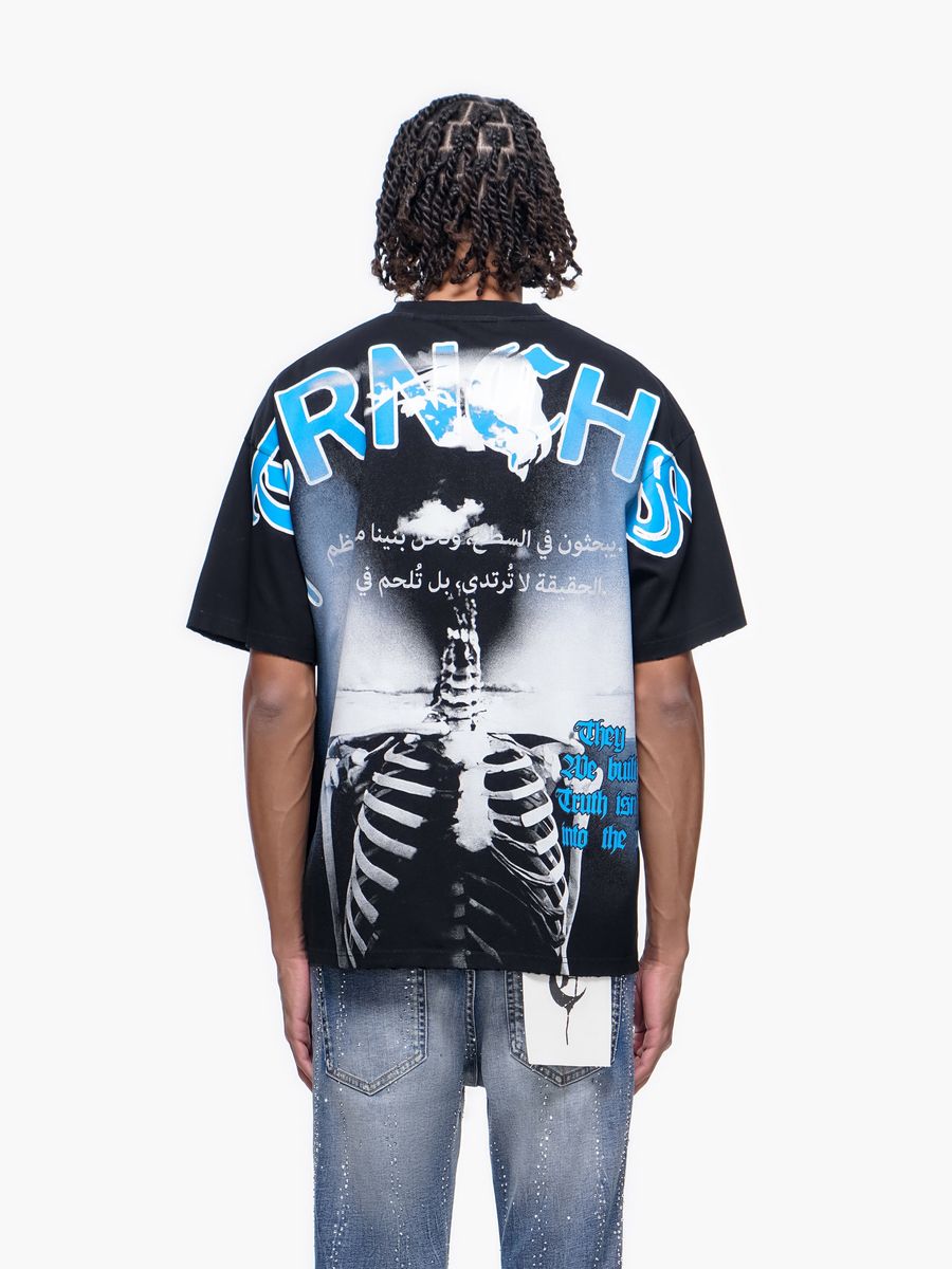 TRNCHS Forged From Bone Tee - Black — TRNCHS militant-streetwear heavyweight, short-sleeve cotton tee, front view