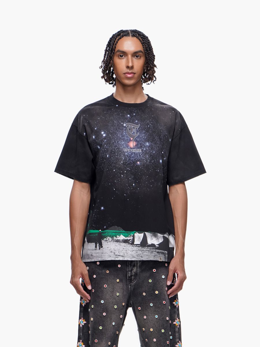 TRNCHS Light From Below Tee - Black — TRNCHS militant-streetwear heavyweight, short-sleeve cotton tee, front view