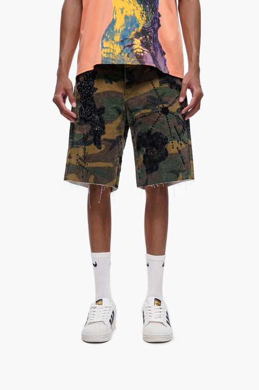 TRNCHS Stitched Camo Denim Shorts — TRNCHS militant-streetwear heavyweight, denim shorts, front view