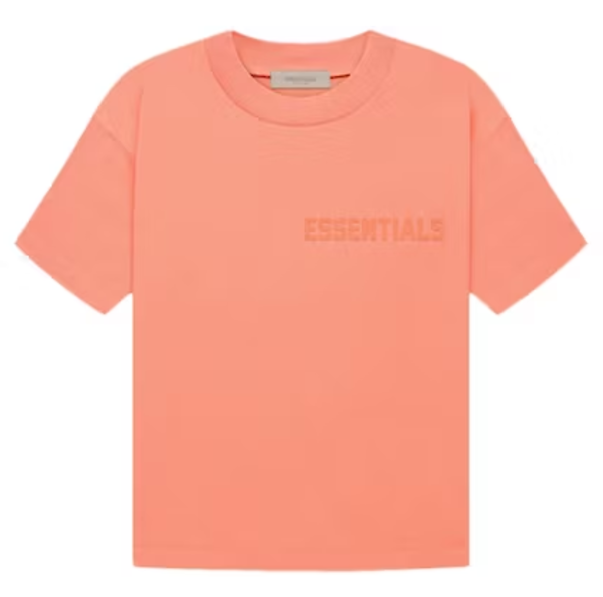 Fear of God Essentials Tee - Coral — Jerry Lorenzo Essentials heavyweight basic, short-sleeve cotton tee, front view