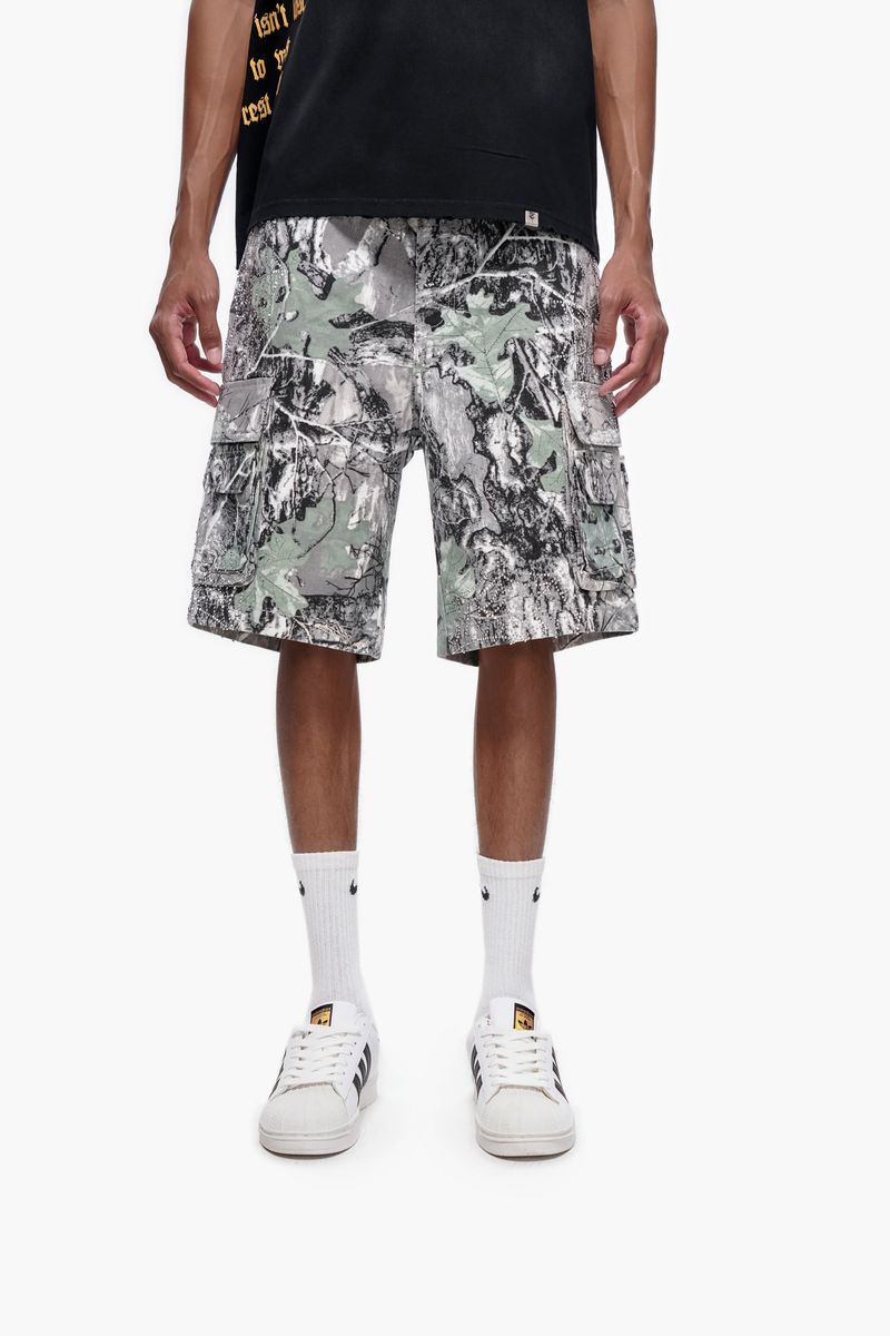 TRNCHS Abandon Camo Denim Shorts - Grey — TRNCHS militant-streetwear heavyweight, denim shorts, front view