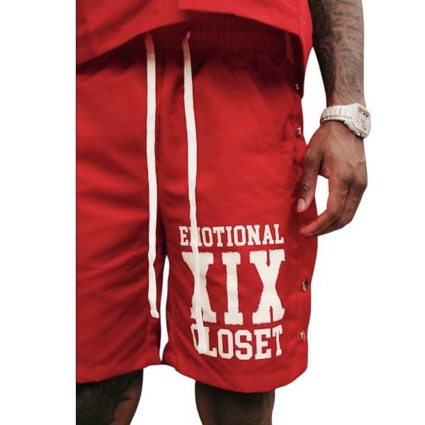 Red "Backyard" Nylon Shorts — model