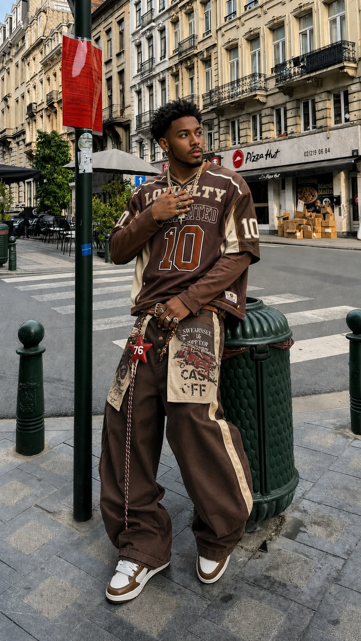LGND streetwear — brown loyalty jersey and cargo fit on the street