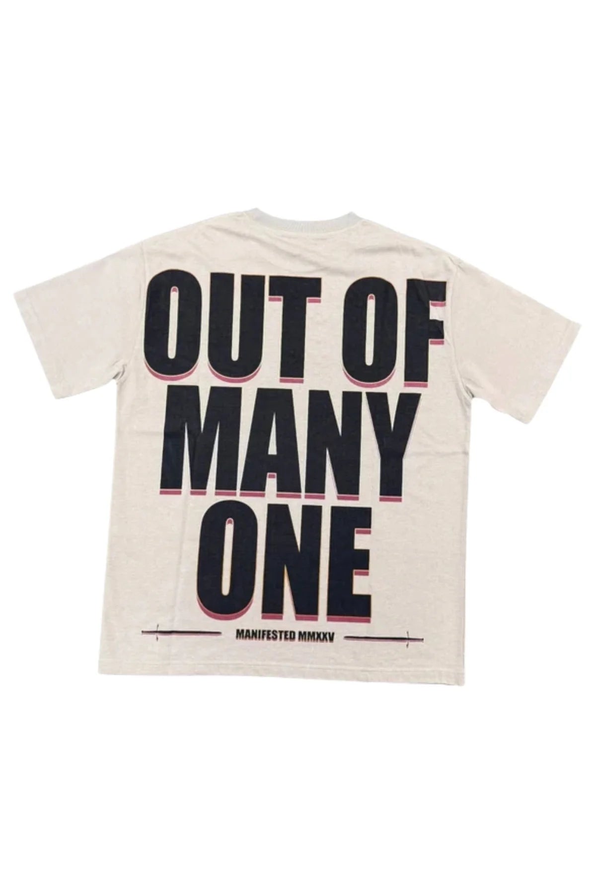 Vtilted "MANIFESTED" oversized graphic tee in Gray — a sharp-dressed skeleton in a red coat against a glowing city skyline, marked "MMXV" — a manifestation icon from the Vtilted mytho