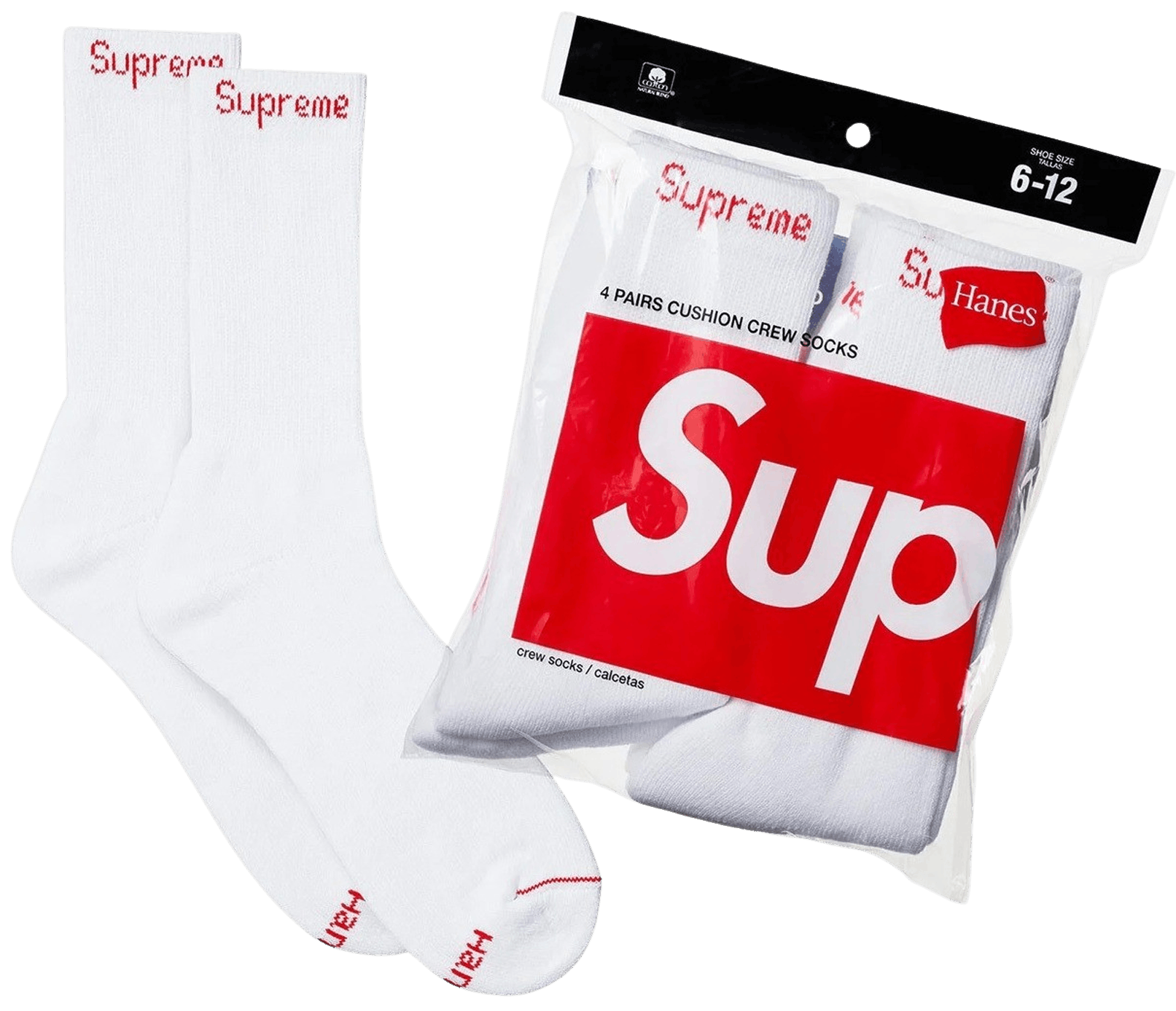 Supreme Hanes Crew Socks 4-Pack - White — Supreme x Hanes American basics collab, crew sock multipack, flat lay