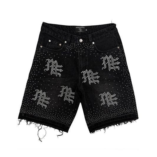 Mixed Emotion - 'ME' Rhinestone Denim Shorts - Black — front view
