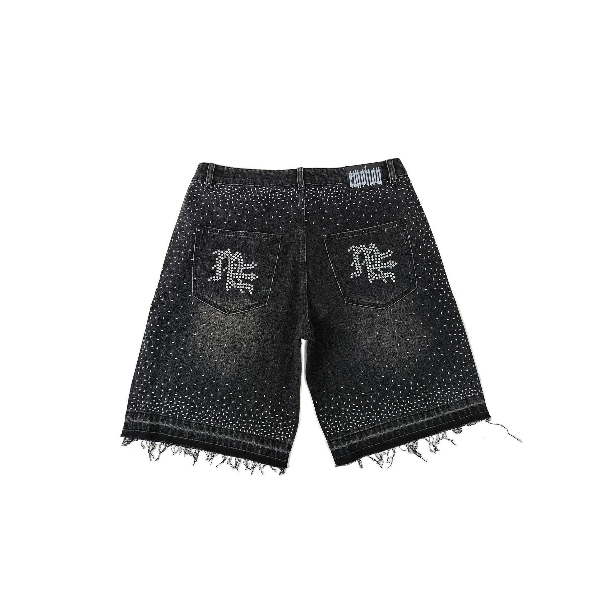 Mixed Emotion - 'ME' Rhinestone Denim Shorts - Black — front view